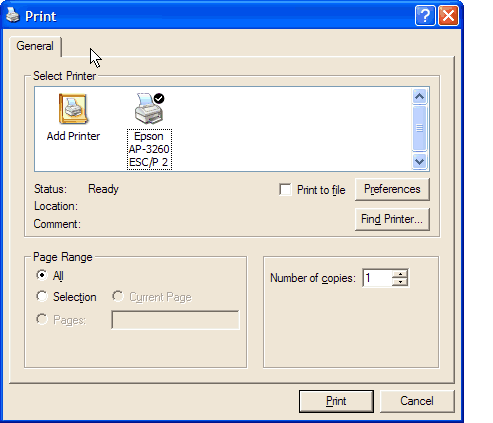 Animated screenshot of the Windows XP print dialog